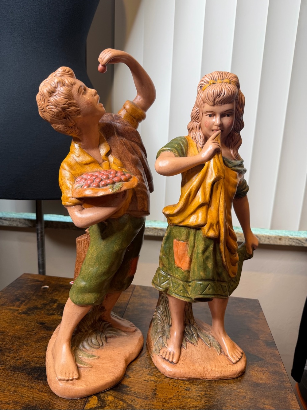Hand-Painted Ceramic Boy and Girl Figurines in Earthy Green Mustard 15 inch/2018